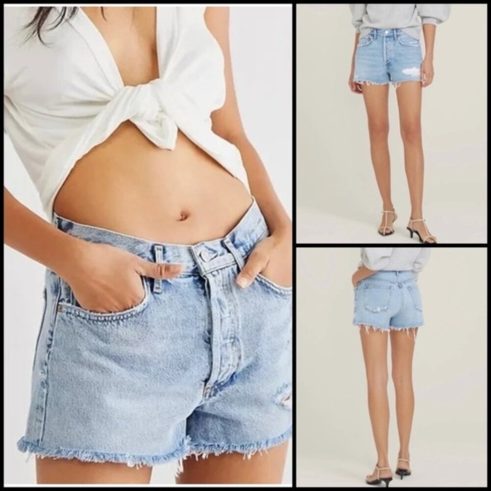 Agolde Parker Cutoff Distressed Lightwash High Rise Raw Hem Denim Shorts Size 28